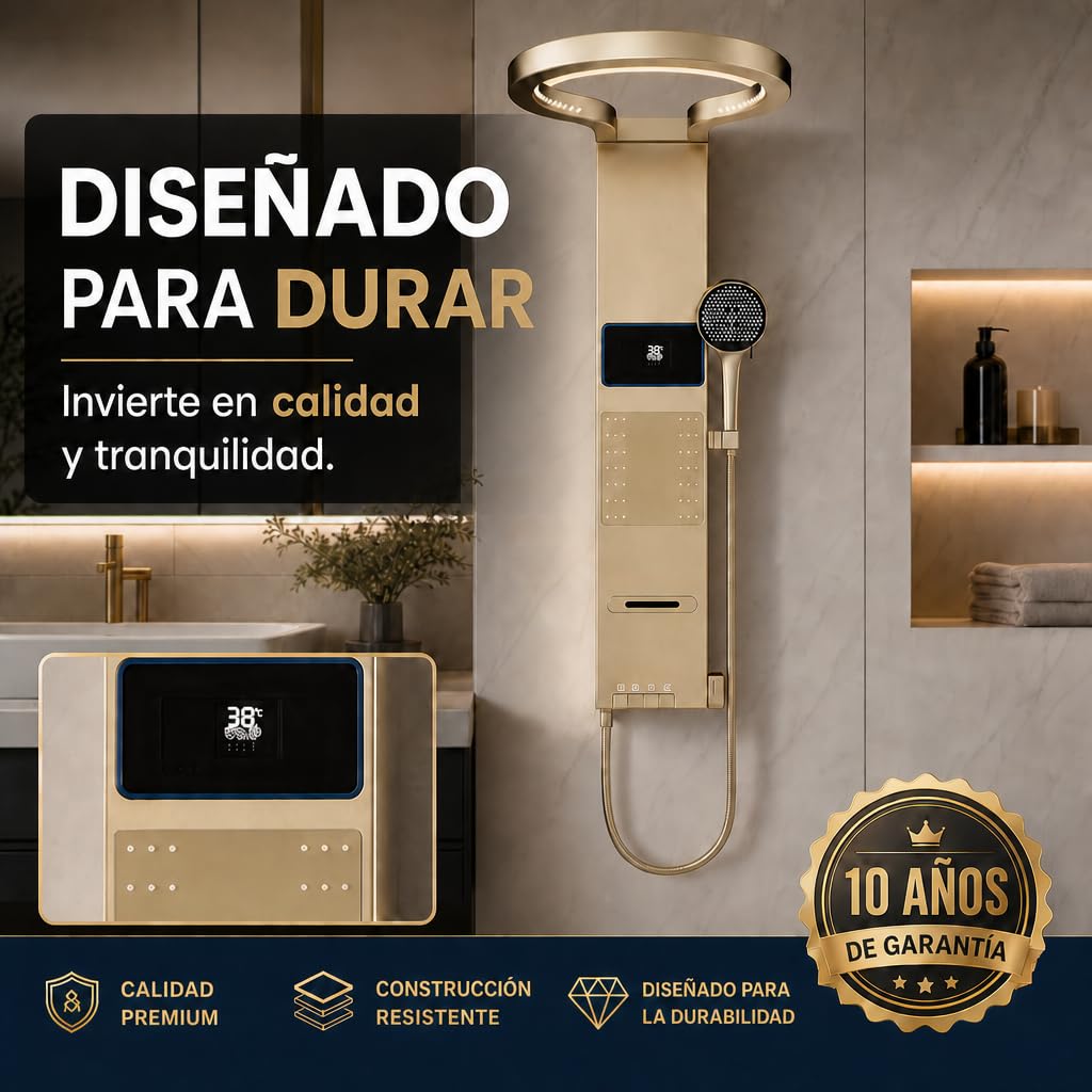 INEX EUROPA Panel de Ducha Termostática de Lujo Gold - Columna de Ducha Hidromasaje 10 Años de Garantía con 4 Modos de Operación - Torre de Ducha 105 cm Altura Daytona Collection