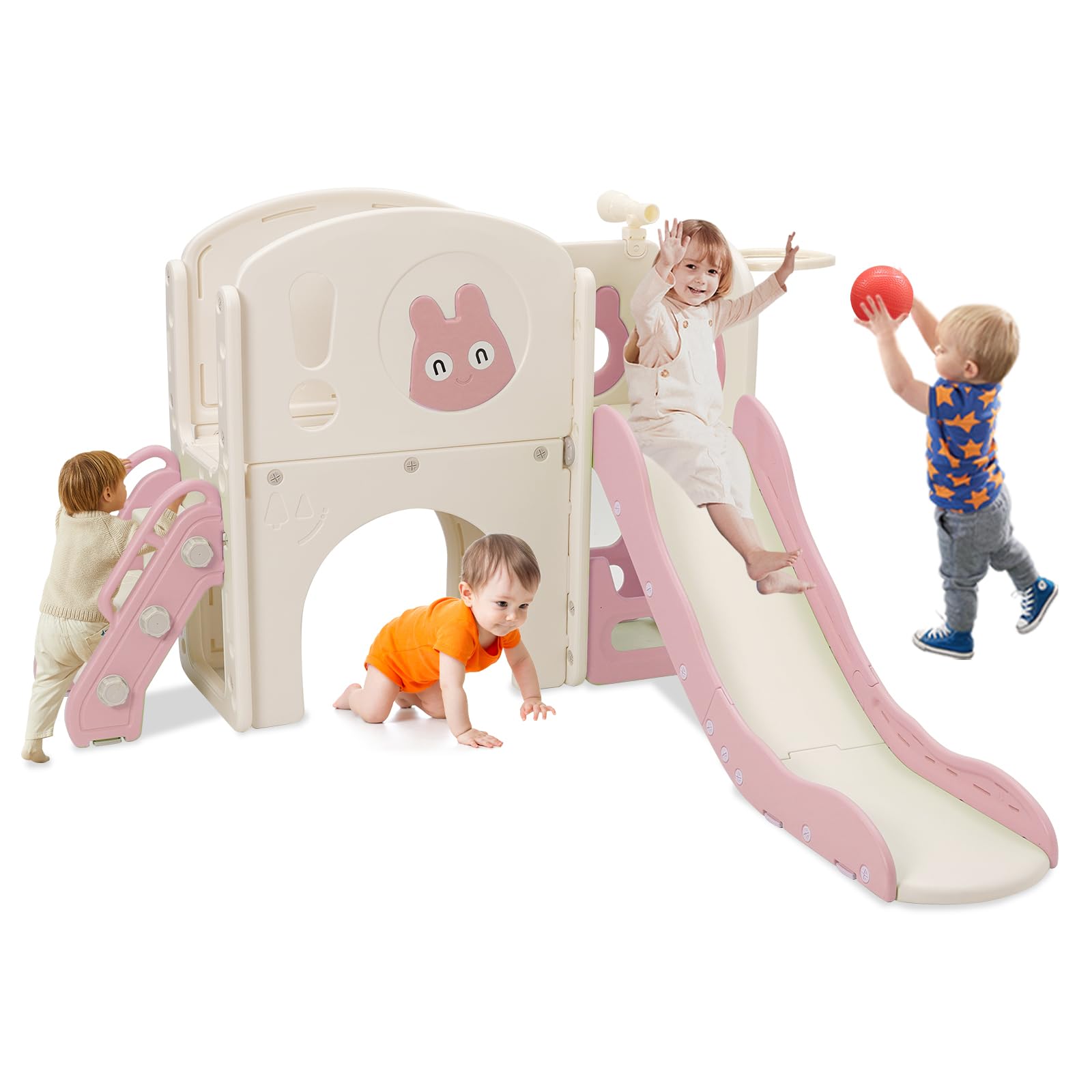 Kinderrutsche mit Klettergerüst, 6 in 1 Kinderrutsche mit Teleskop, Basketballkorb, Plattformgang, Kinder Spielplatz, Rutschenlänge 160cm (Rosa)