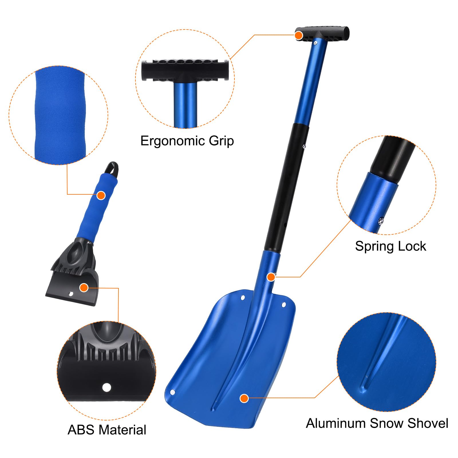 QUARKZMAN Pala Da Neve 3 In 1 In Alluminio Raschietto Per Ghiaccio Kit Di Rimozione Neve Di Emergenza Con Sacchetto Per Auto Campeggio Giardinaggio Blu