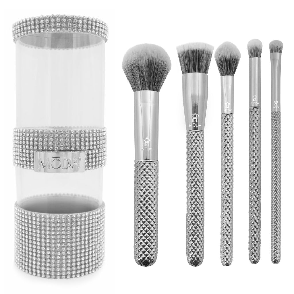 MODA Metallics 6-Piece Full Face Makeup Brush Set – Includes Powder, Stippling, Highlight, Crease & Shader Brushes with Glam Storage Cup, Silver