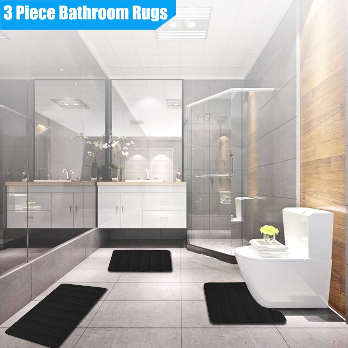 Bathroom Rug Set,Bathroom Rugs,Bathroom Rugs Sets 3 Piece,Memory Foam Bath Mat,Soft Bath Mats for Bathroom Sets,Absorbent Bath Rugs with No Slip PVC Backing Machine Washable - Charcoal Black