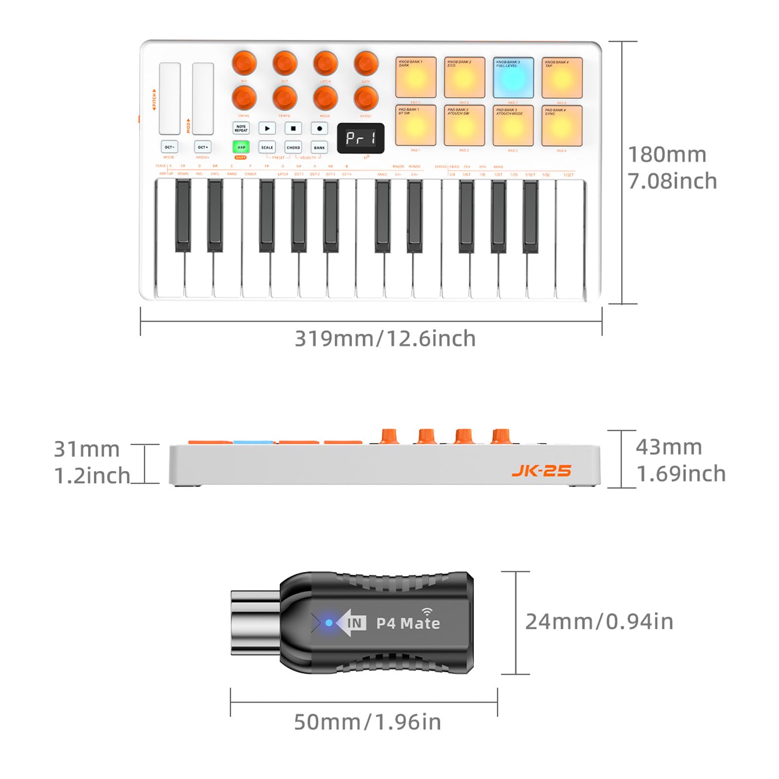 Asixxsix Tastiera controller, mini tastiera MIDI professionale a 25 tasti con 2 opzioni di connettività e 8 pad per batteria retroilluminati (WHITE)