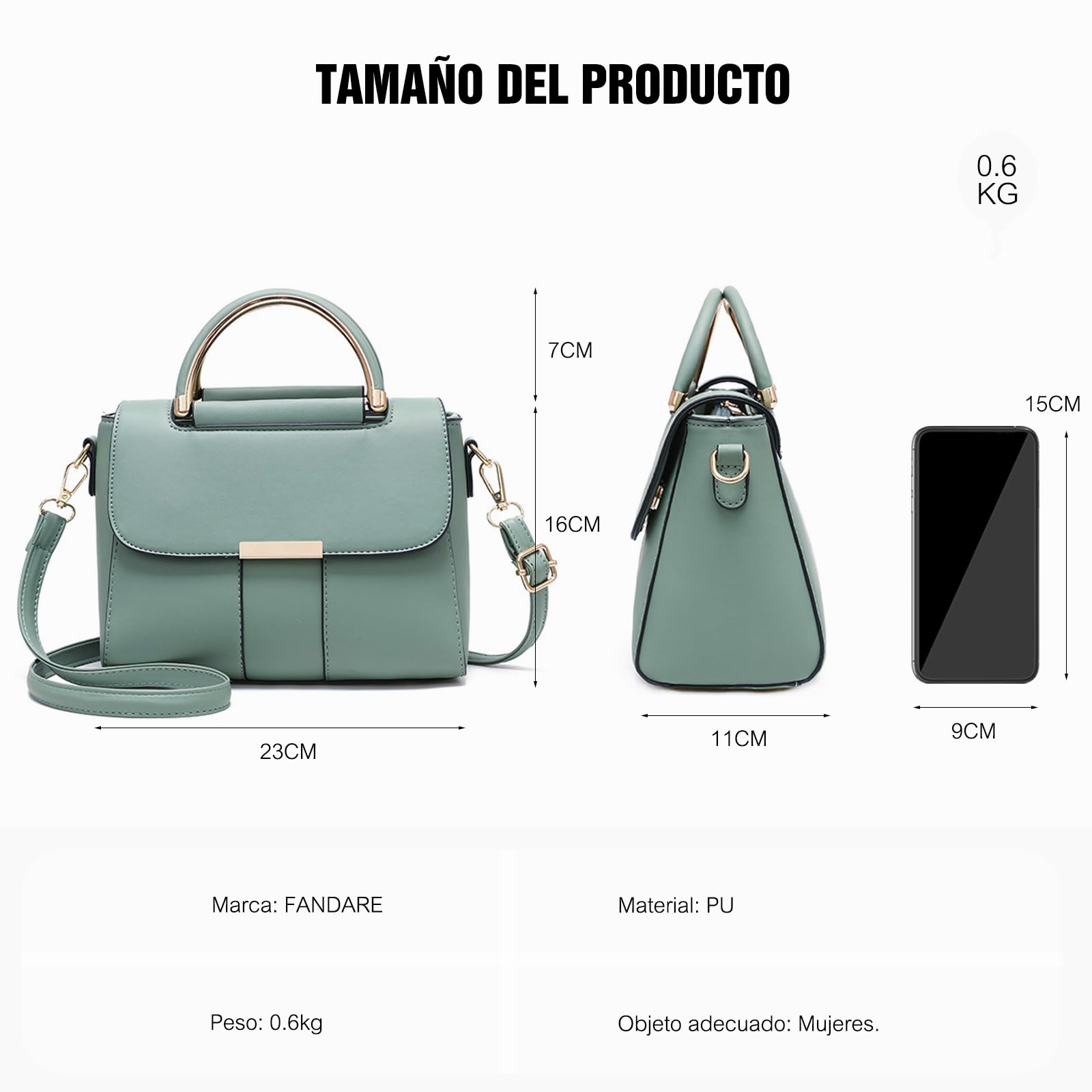FANDARE Mujer Bolso Bandolera Elegante Para Teléfono Móvil de PU Cuero - Monederos Carteras de Hombro Cruzado Crossbody Bag Bolsa de Honda Negro