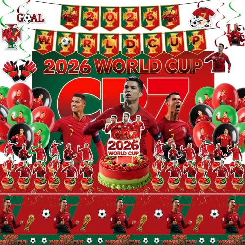 World Cup 2026 Ronaldo Birthday Party Decorations 71x43Tablecloth 60x40Backdrop 14 Banners 18 Balloons 1 Big Cake Topper 24 Cupcake Toppers Fans Complete Party Gift Set
