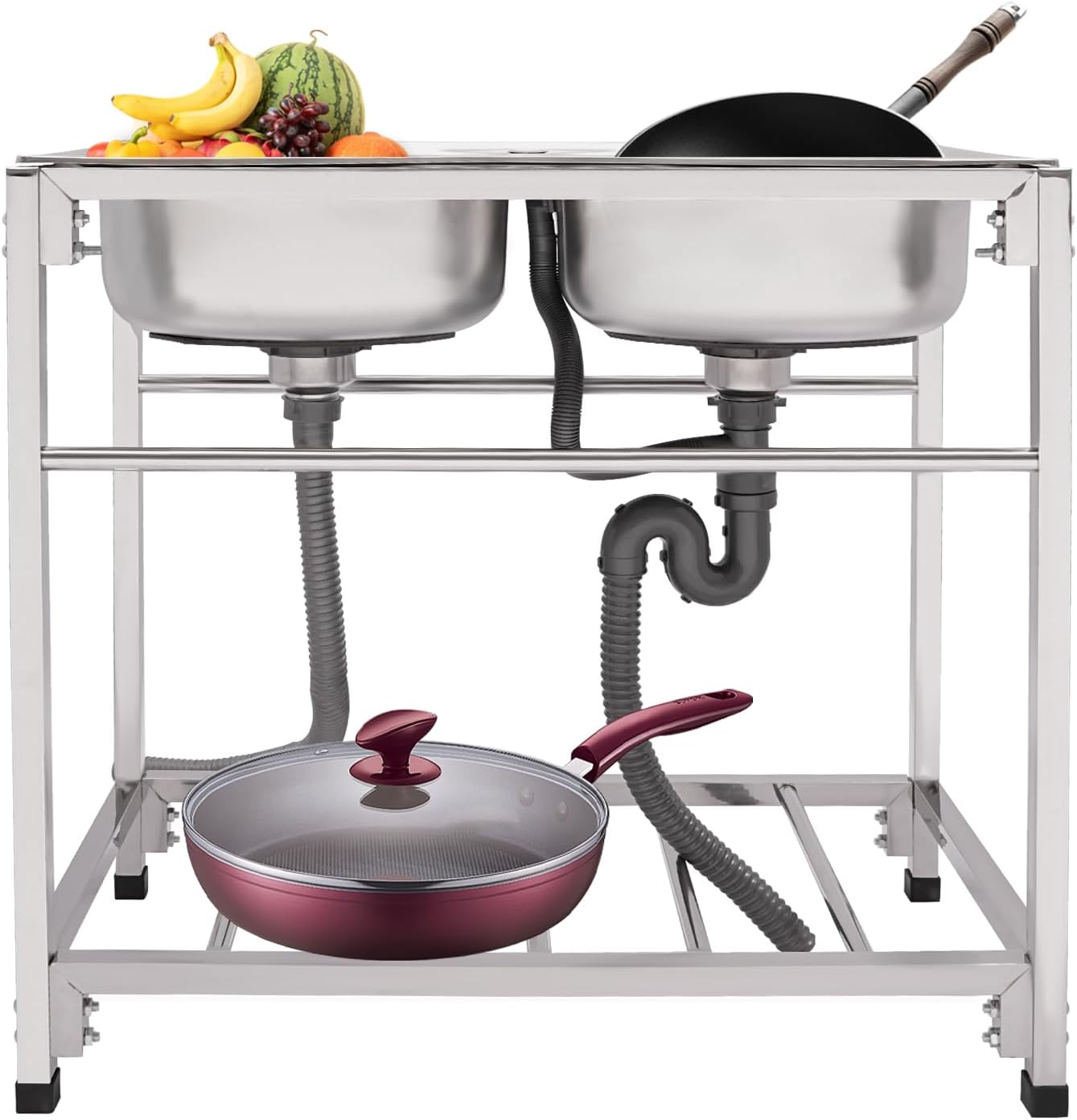 Outdoor Utility Sink Stainless Steel Double Bowl Sink Free Standing Commercial Restaurant Kitchen Sink with Hot and Cold Faucet for Laundry, Garage, Cafe Bar