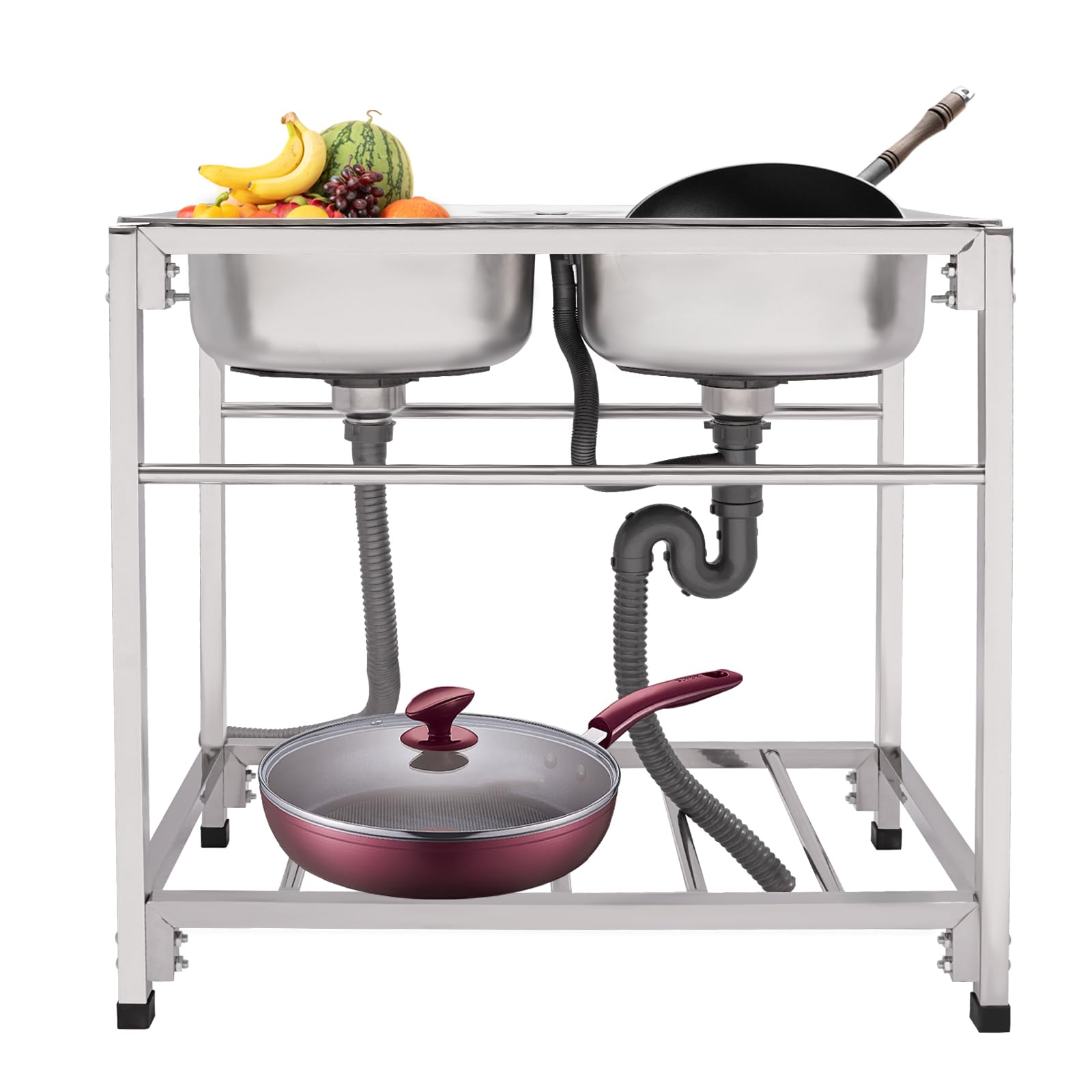 Lavabo indipendente in acciaio inox, 2 vasche da cucina, portata fino a 150 kg, 60 x 60 x 93 cm