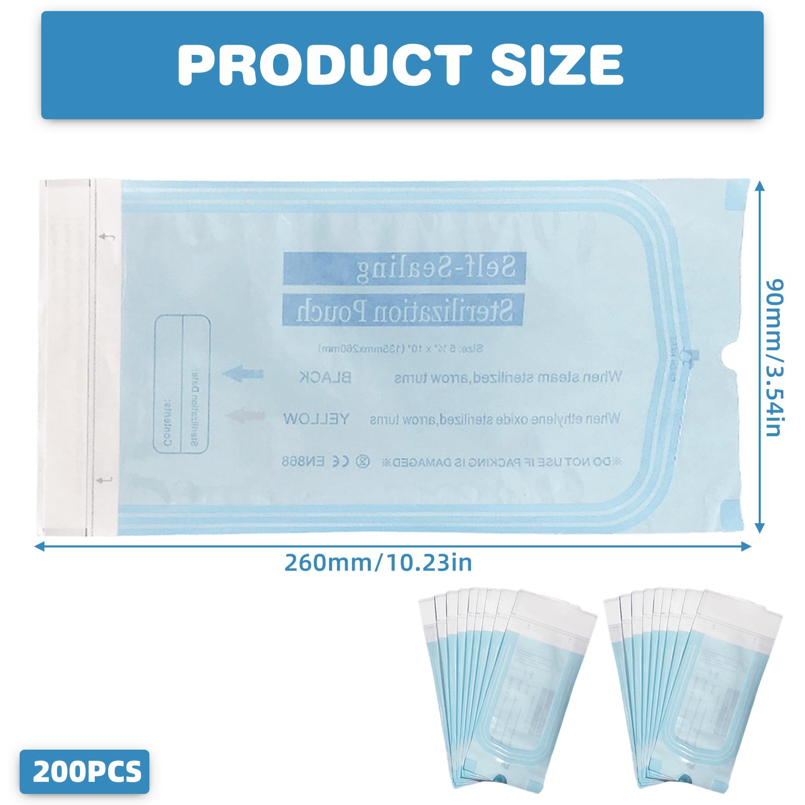 Bolsas de Esterilización Autoadhesivas 90mm x 260mm, 200 Unidades