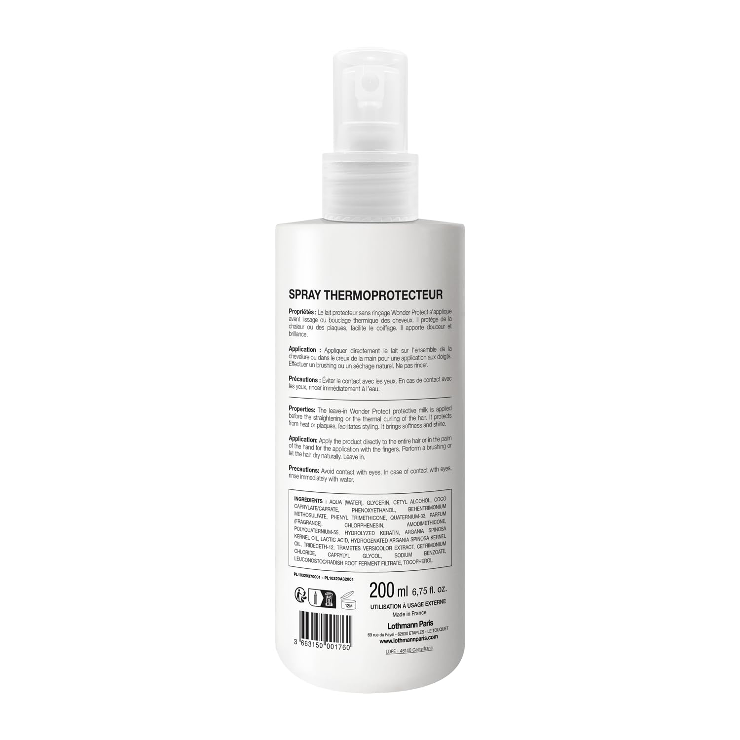 Lothmann Paris - Spray Thermoprotecteur Lait Protecteur Sans Rinçage Wonder Protect - 200ml Protège des Hautes Températures