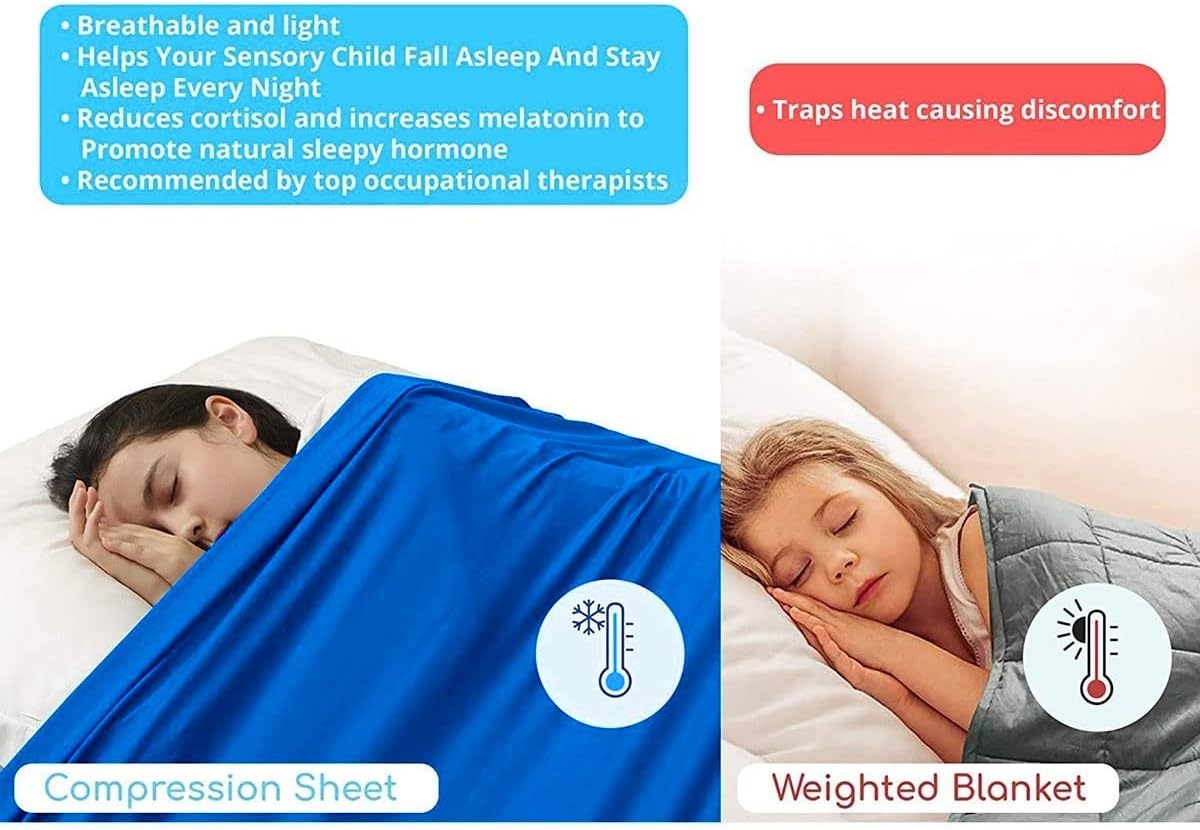 Bed Sheet,Sensory Therapy Compression Queen Size Breathable Stretchy Reduced Pressure Keep Nice Sleeping Comforting for Autistic Children (Color : Blue, Size : Full Size 136 x147 cm)