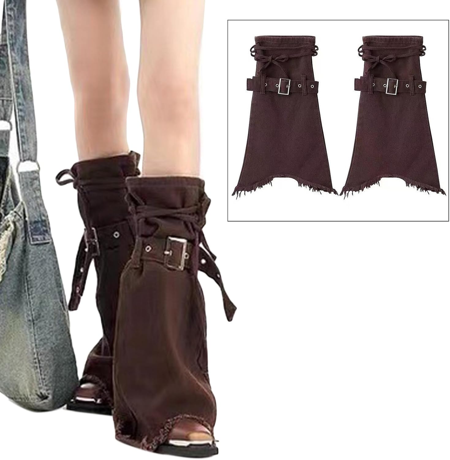 Jeans Flared Leg Sleeves with Buckled Bandages for Women Punk Frayed Bottom Leg Warmer Long Sock Stockings Women Leg