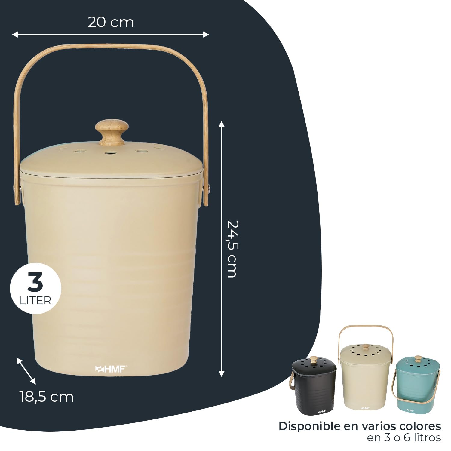 HMF Cubo de basura orgánico sostenible para cocina, 3 L, color beige (fibra de bambú, almidón de maíz)