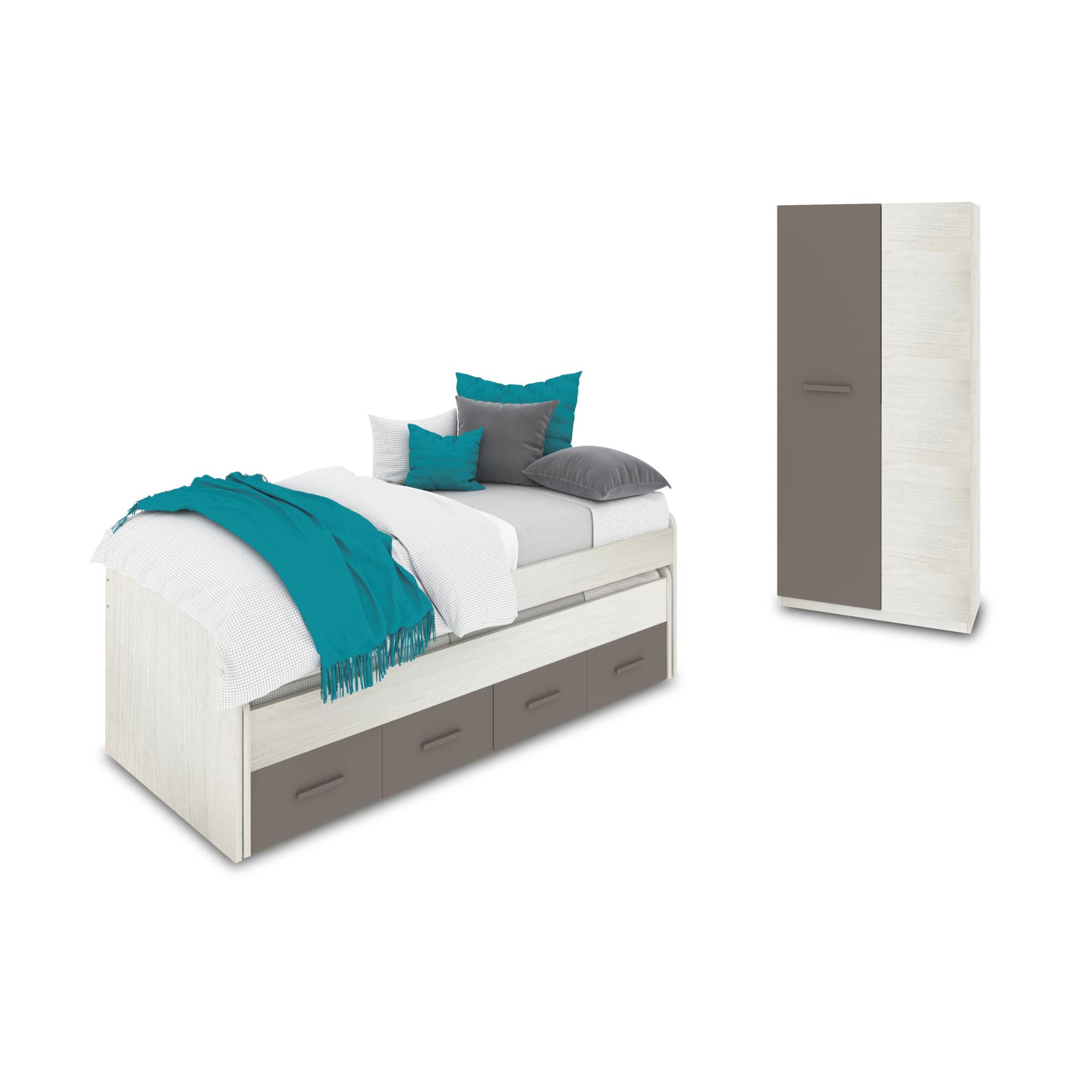 duehome | Pack de Dormitorio Juvenial con Cama Nido Juvenil y Armario, Conjunto de Dormitorio Infantil, Modelo Axim Plus, Acabado en Blanco Alpes y Basalto
