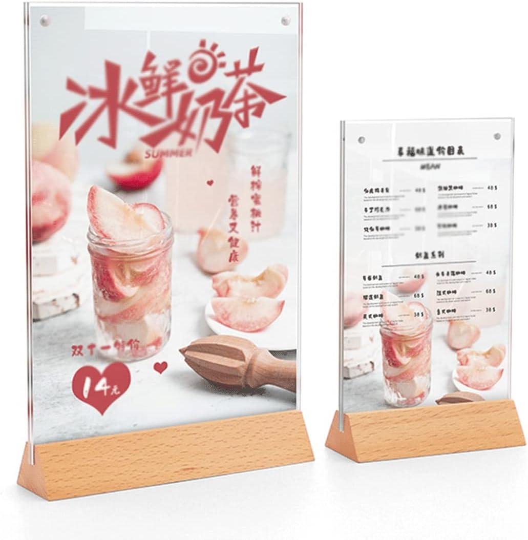 Magnetic Suction Picture Frames,A4/A5/A6 Clear Acrylic Sign Holder with Triangle Beech Wooden Base and HD Acrylic Covers for Desktop Display,Table Menu Holders,Restaurant Signs, Photos and Ar