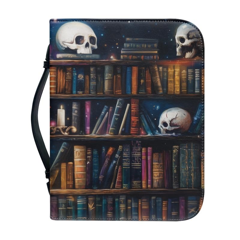 Kuiaobaty Old Bookshelf Print Book Case for Women with Handle, Antique Books Skull Printed Leather Book Bag Cover Storage Organizer,XL — image 1