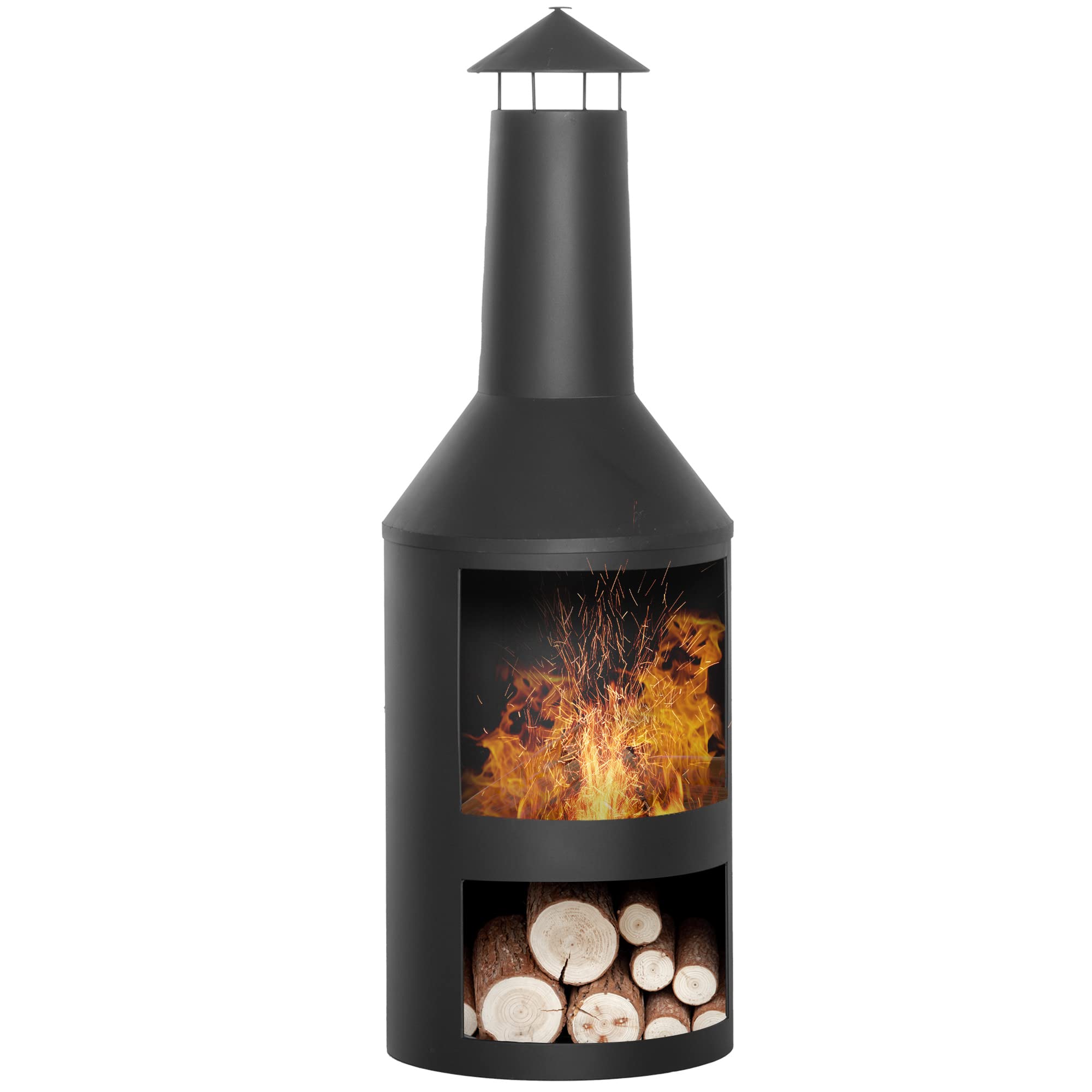 Outsunny Chimenea de exterior brasero mexicano Altura 133 cm, Diámetro 45, Metal con gran chimenea - Almacenamiento de troncos - Negro