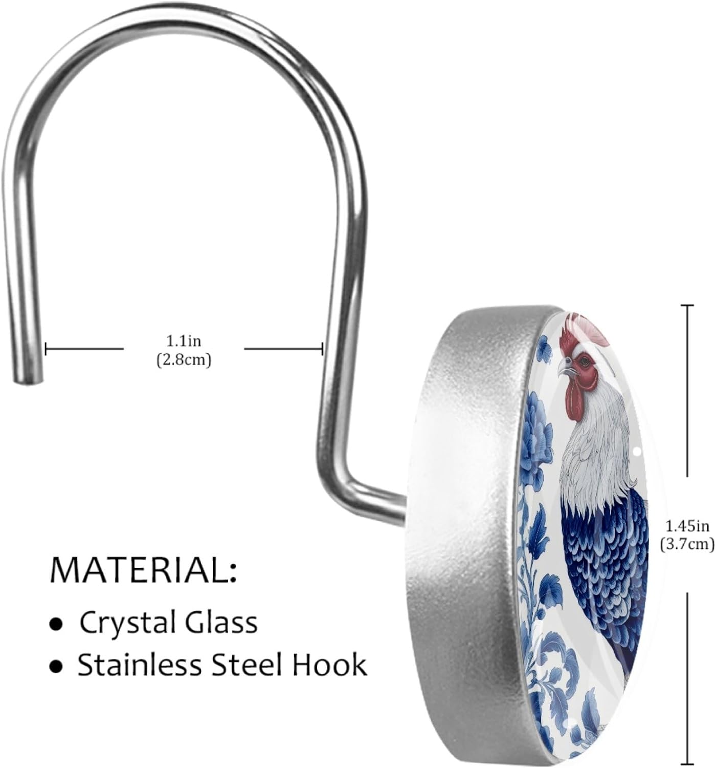 12 Packs Retro Blue Rooster Shower Curtain Hooks, Stainless Steel Glass Shower Curtain Rings for Bathroom Decor, Metal Rustproof Curtain Rod Hooks