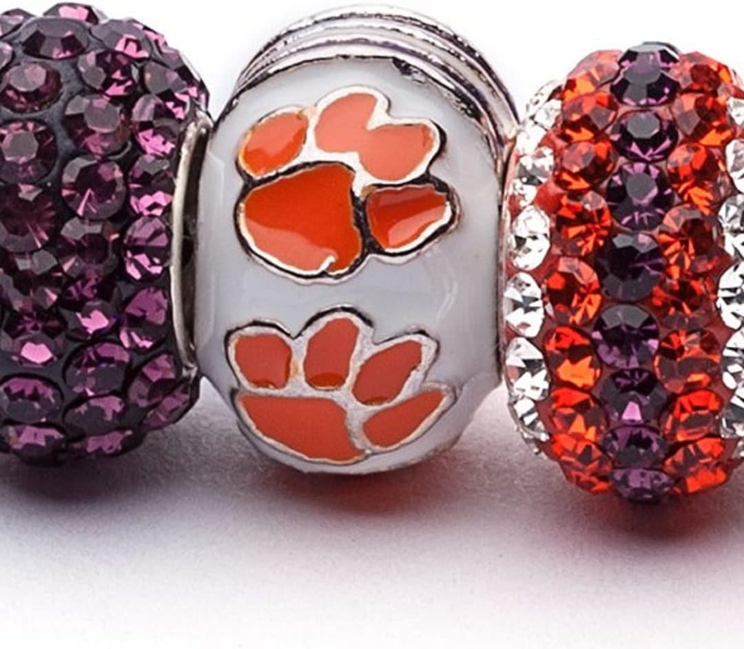 Stone Armory Clemson University Jewelry and Clemson Gifts - White Clemson Paw Bead with Helmet Stripe - Hypoallergenic Stainless Steel Charms for Bracelets - Clemson Tiger Gear for Women