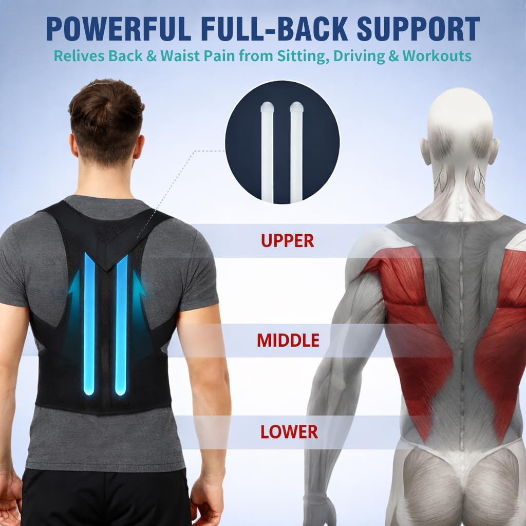 back brace support posture corrector for women & men – full back support for upper, mid & lower back pain relief, ergonomic 3-in-1 system improves posture & helps with slouching, rounded shoulders, xl