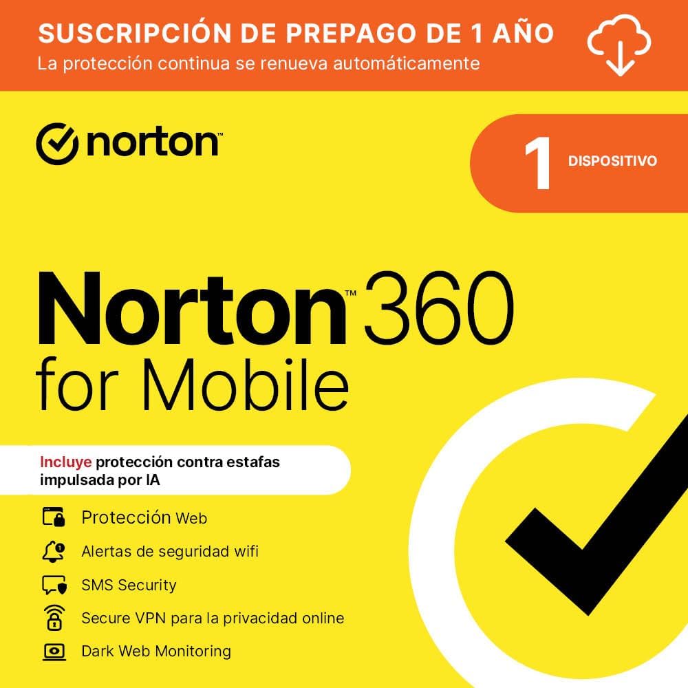 Norton 360 for Mobile 2026|1 Dispositivo|1 año con renovación automática| Descarga digital