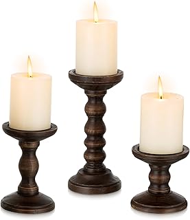 Romadedi Wood Candle Holders for Pillar - Set of 3 Tall Rustic Vintage Wooden Candlestick Holder