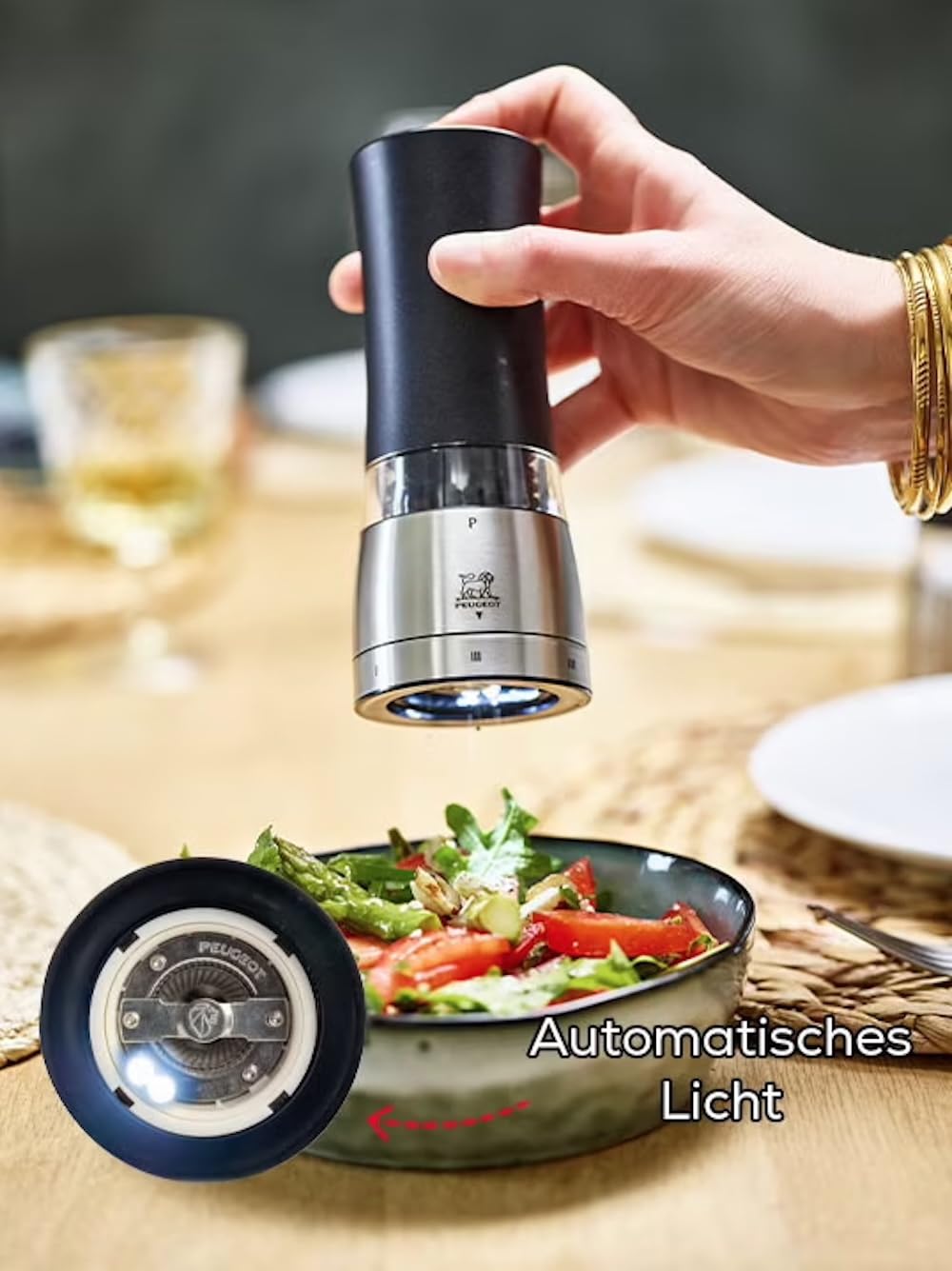 PEUGEOT - Set Daman u‘Select 16 cm (Elektrische Pfeffermühle + Salzmühle) - 6 Mahlgrade - Zirlion-Mahlwerk für pulverfeines Salz - Edelstahl - Französisches Know-how - Mit irisierend schwarzem Finish