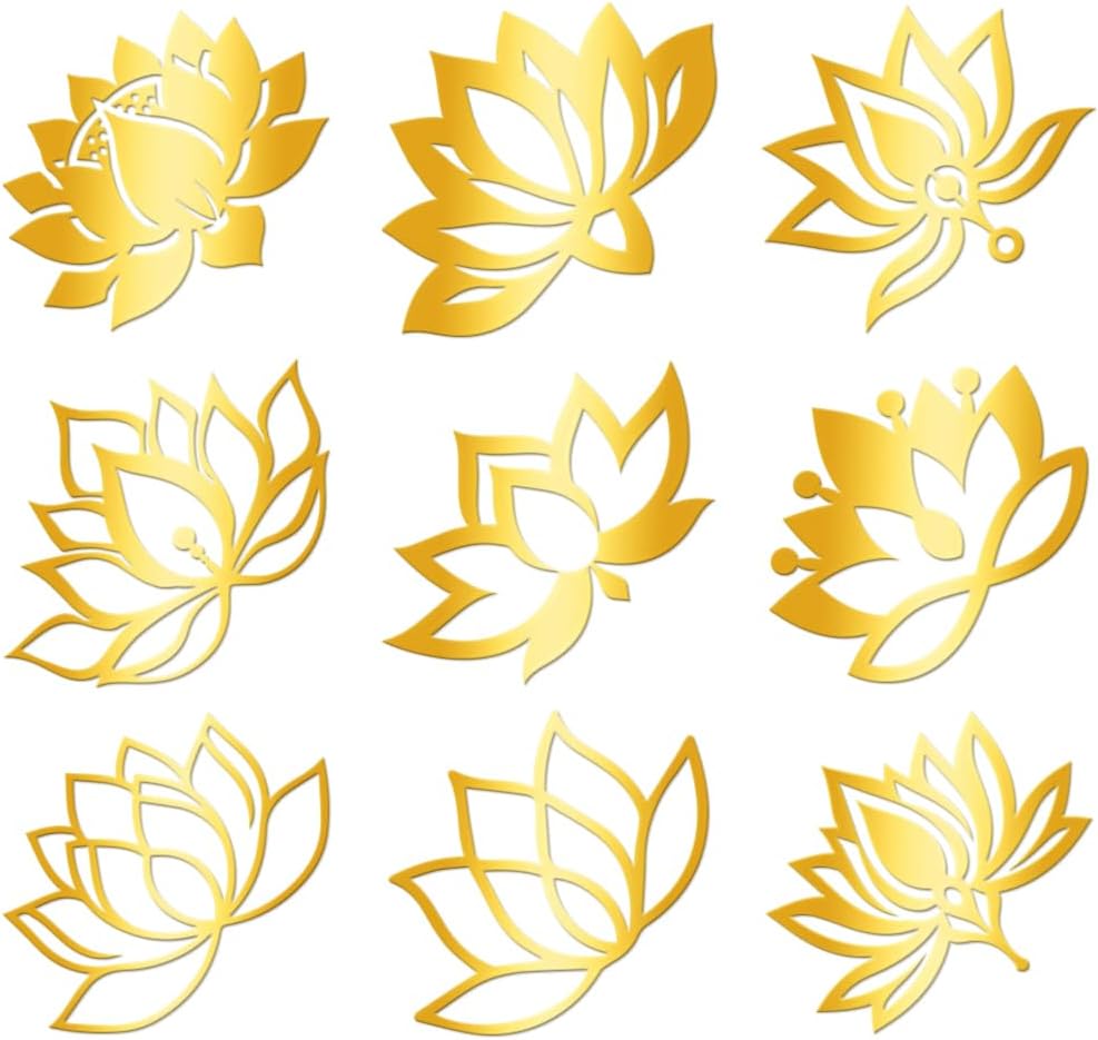 9Pcs Golden Self Adhesive Stickers 4cmx4cm Flower Boho Metal Decals Lotus Waterproof Decorate Sticker for Scrapbooks DIY Resin Crafts Phone Water Bottle Decoration