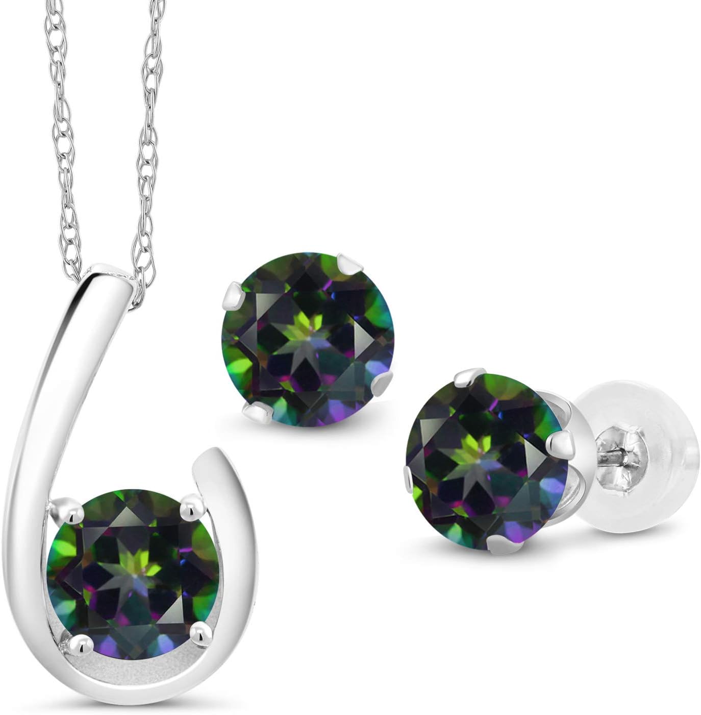 Gem Stone King 10K White Gold Green Mystic Topaz Pendant Earrings Jewelry Set For Women | 3.00 Cttw | Gemstone November Birthstone | Round 6MM | with 18 Inch Chain