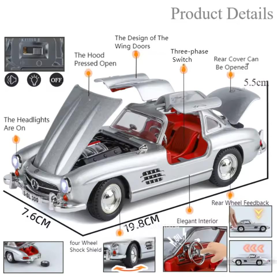 Image of Alokik Enterprise 1:24 Black Marcedes Benz Vintage 300SL Diecast Metal Pull Back Car with 6 Openable Doors with Sound and Light Toy Decoration car Best Gift Toys for Kids 【Black】