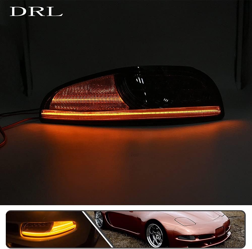 2Pcs LED Amber Dynamic Sequential Front Side Marker Turn Signal Lights Assembly for Chevy Corvette C5 1997-2004 Smoked Lens White&Amber DRL Parking/Driving Lamp