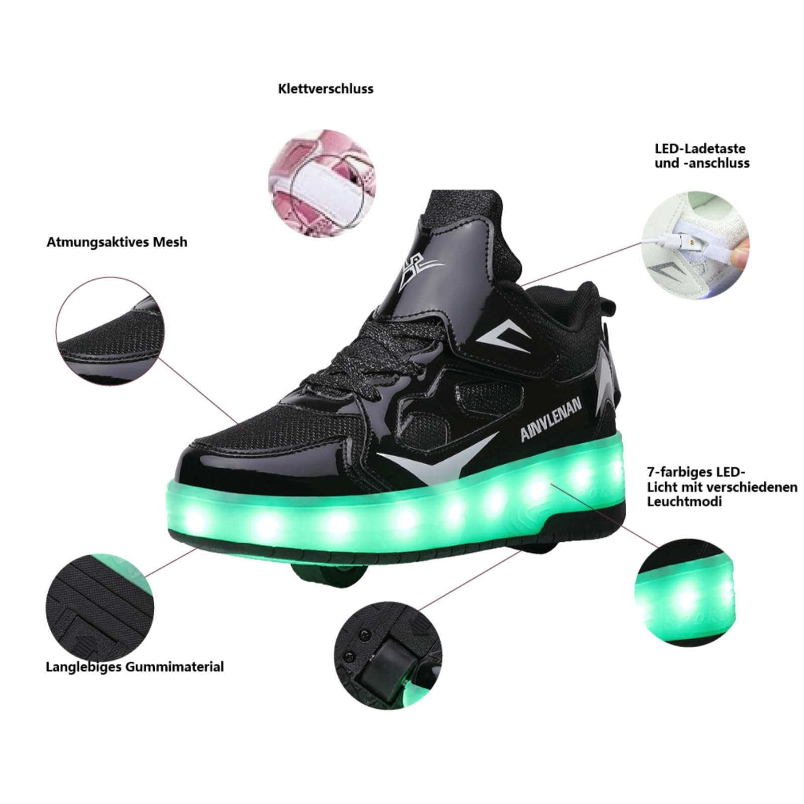 Sneaker per Bambini,Scarpe da Skateboard a Due Ruote,Luce a Cambio Colore Regolabile,Ricarica USB,universali per Ragazzi e Ragazze,Nero Rosa Oro Argento 27–40 EU