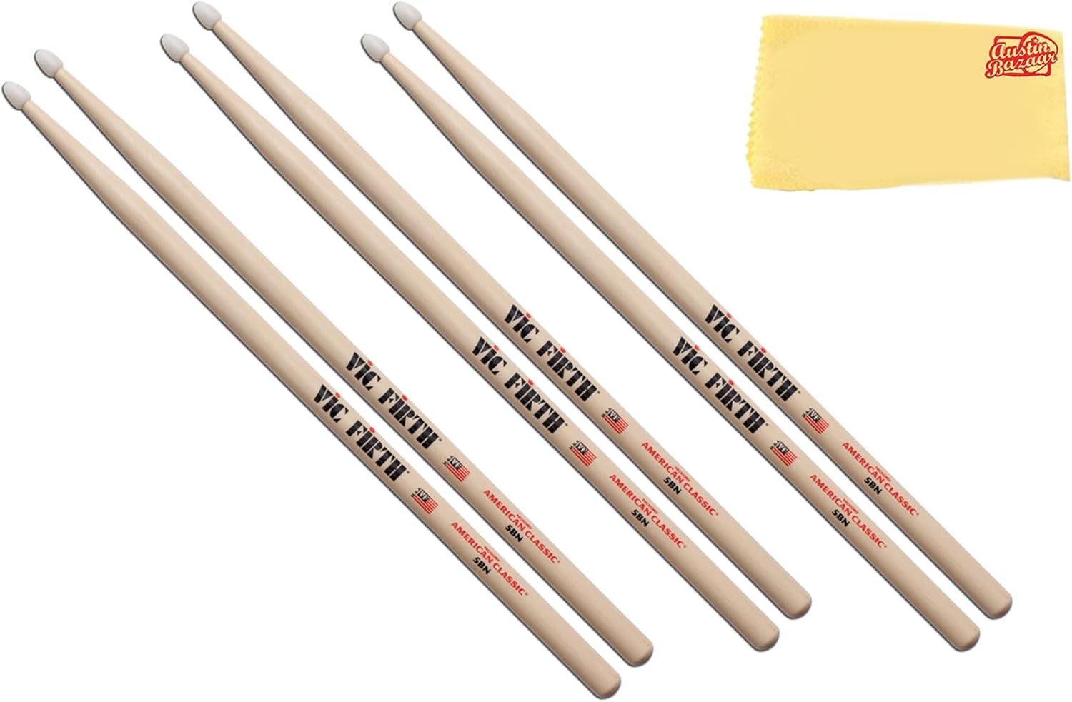 Vic Firth American Classic 5A Wood-Tipped Drumsticks - 6 Pack with Austin Bazaar Polishing Cloth