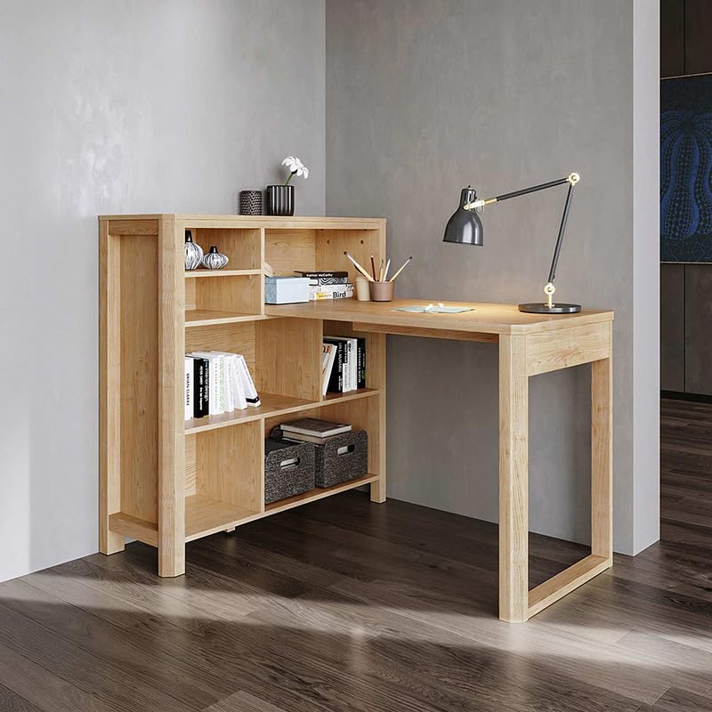 LINSYSturdy Wood Home Office Desk With Side Library, Large Shelves, Nutural wood Color