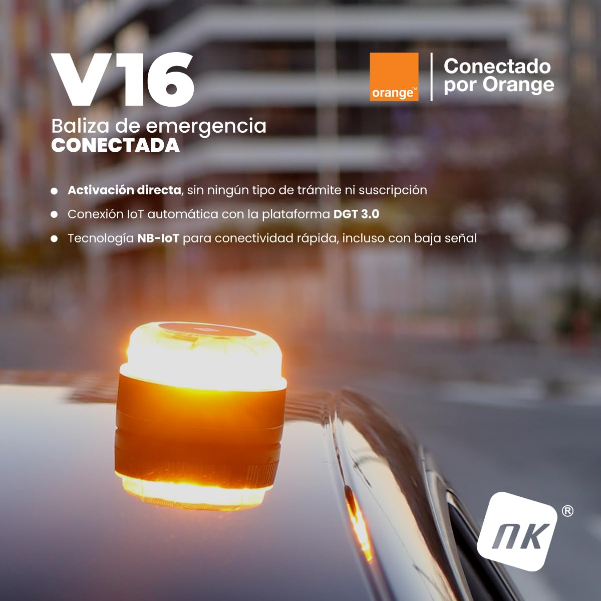 NK Baliza de Emergencia V16 con Geolocalización y Conexión DGT 3.0 – Uso Obligatorio desde Enero 2026, Señal LED Homologada para Coche, Alcance 1km, Resistente al Agua, Datos Incluidos hasta 2038