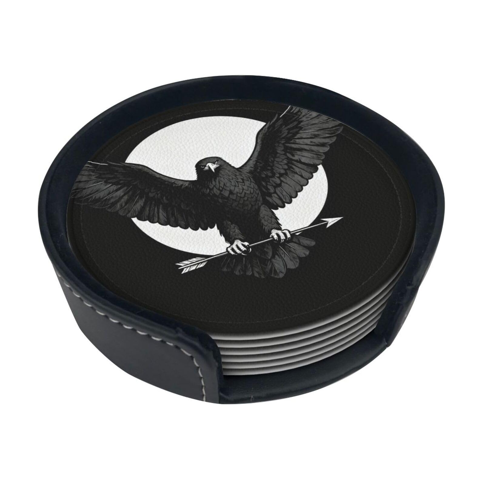 Cntdbu White Black Eagle Wings Leather Coasters Set Of 6-Pu Leather Drink Mats For Table, Heat Resistant Round Coasters With Holder