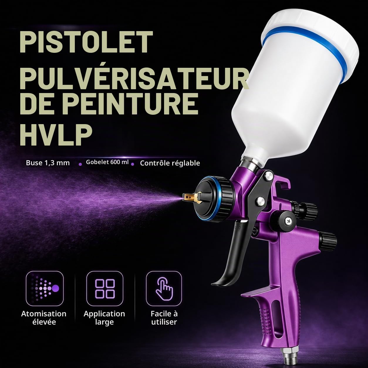 HVLP Pistolet à Peinture, HVLP Pistolet Peinture Air Comprimé avec 600ml Capacité 1,3mm Buses, Professionnel Pistolets pulvérisateurs d'air à Alimentation pour Peinture Automobile Et Meubles | Pistolet A Peinture Pneumatique Pistolets PulvéRisateurs De Pe