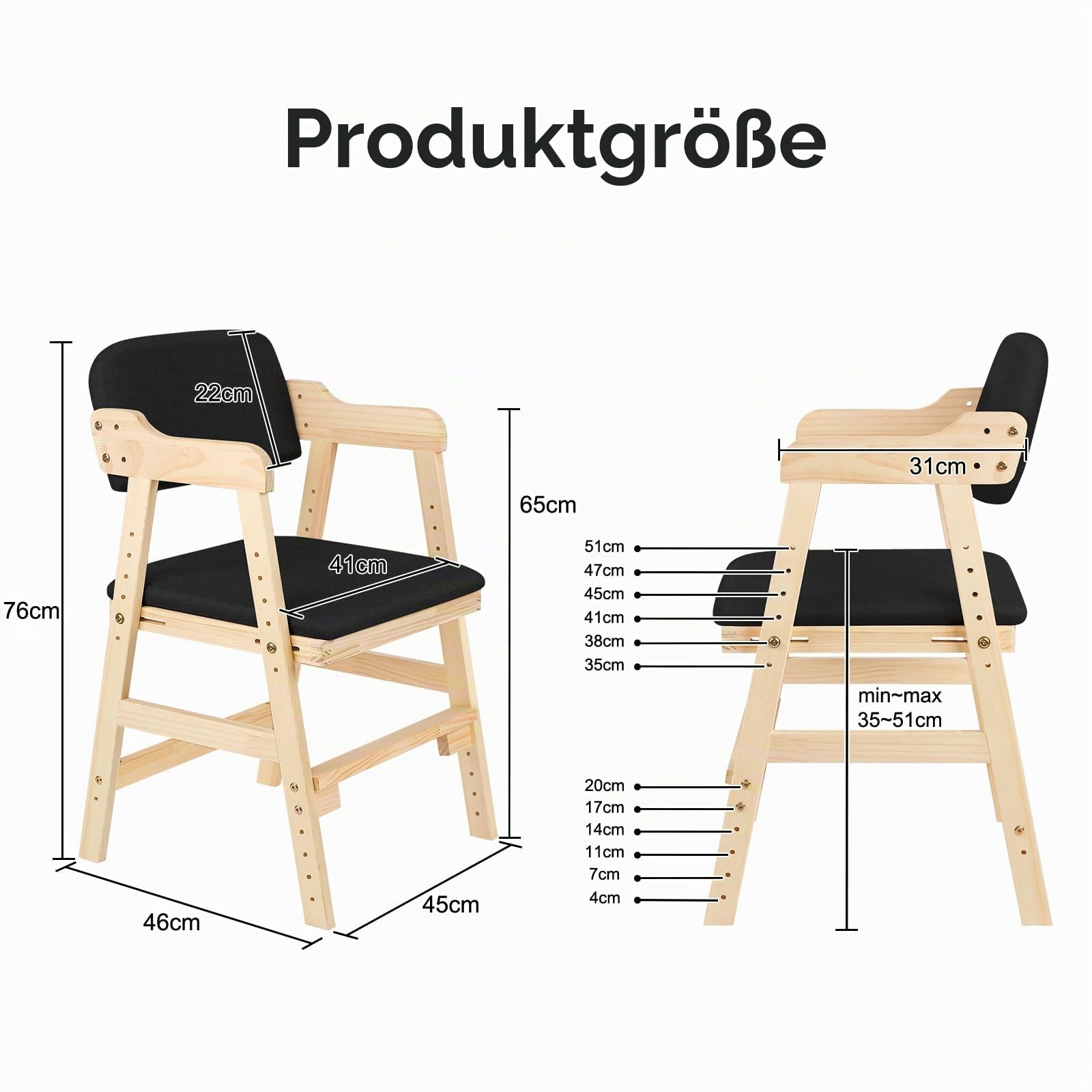 Mitwachsender Kinderhochstuhl, Hochstuhl für Kinder, Höhenverstellbar, Massivholz, höhenverstellbarer Holzhochstuhl für kinder von 2 bis 12 Jahren (48 * 46 * 78cm-BLACK)
