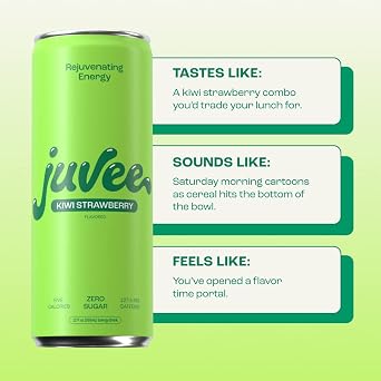 Kiwi Strawberry & Watermelon Lime Juvee Rejuvenating Energy Drink 12 oz Cans, Pack of 24 Sugar Free, 128mg Natural Caffeine per Can, Low Calorie, Clean Energy & Focus Support, Zero Sugar