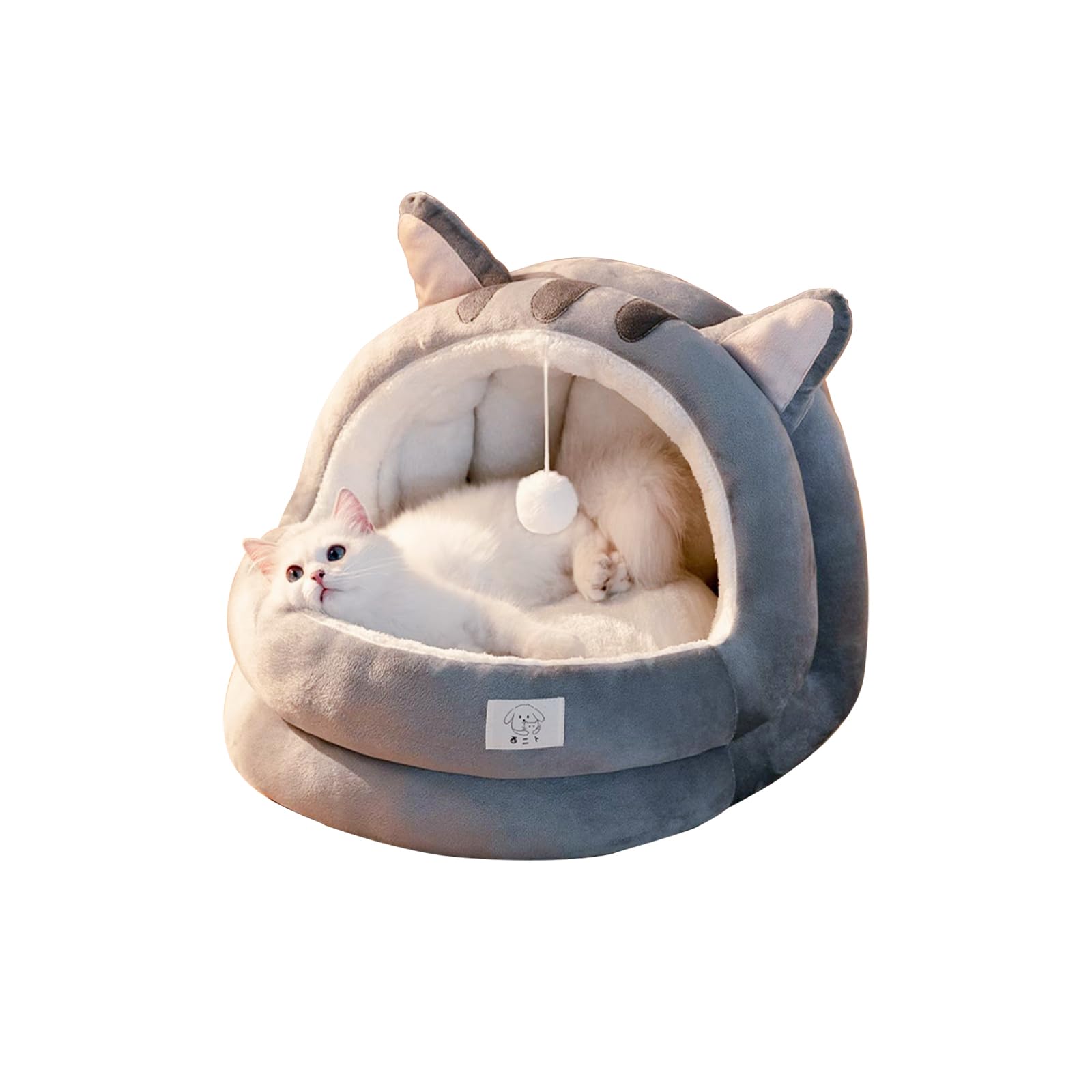 BOSERMEN Cute Cat Bed, Indoor Cat Bed with Removable Cushion, Pet Plush Tent House Cartoon Ear Design Pet Bed with Pompom, Super Soft Pet Sofa Bed(M, Grey)