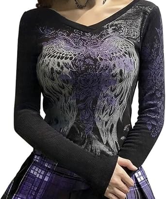 グランジシャツ エモ服 ティーン ガールズ ヴィンテージ グラフィック Tシャツ Y2k 2000年代 ゴス トップ 女性 Mcbling 長袖 ストリートウェア
