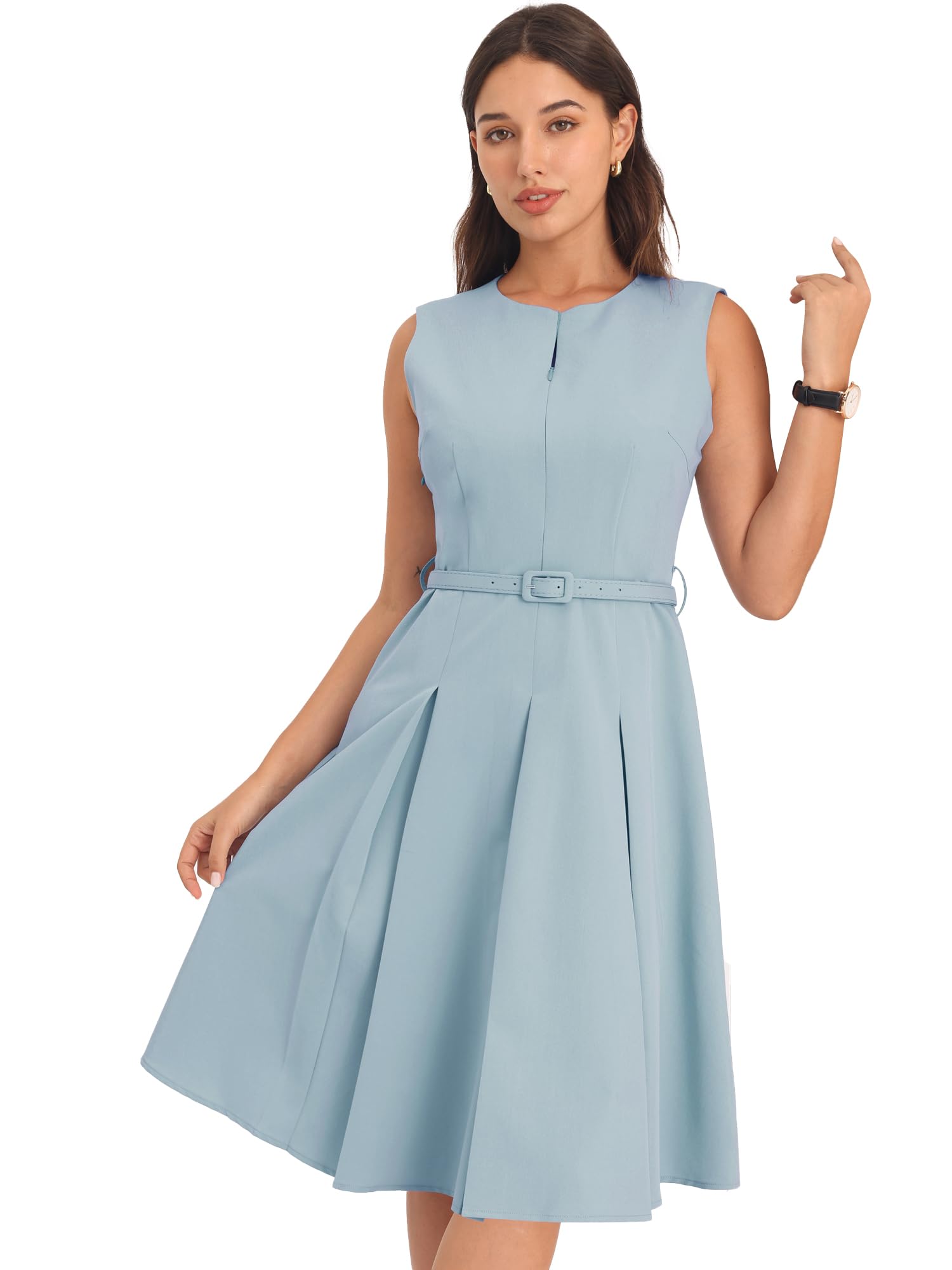 Hobemty Women's A-Line Dress Sleeveless Zip Up Office Work Flare Pleated Dresses with Belted