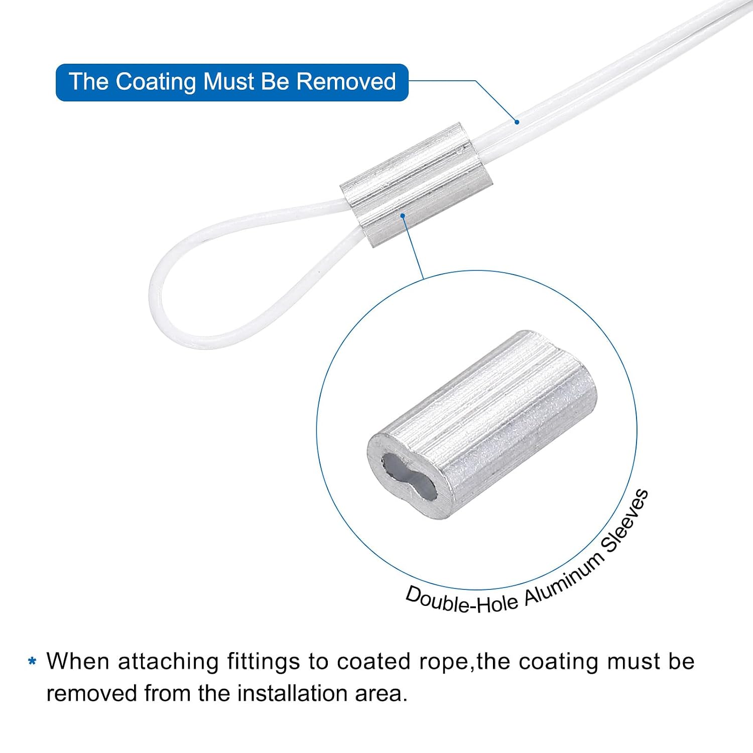 MECCANIXITY 164Ft(50M) Wire Rope 304 Stainless Steel Cable 1/32" (0.8mm) Vinyl Coated with 30Pcs Aluminum Sleeves for Hanging, Clotheslines, Lifting,White