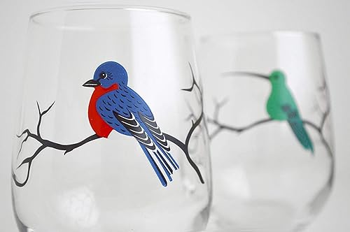 Miniatura 3 de Juego de 4 copas de vino sin tallo, colección de cristalería serigrafiada, regalos para observación de aves