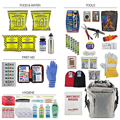 Ready America 72 Hour Deluxe Dry Bag Emergency Kit, 2-Person, 3-Day Backpack, Includes First Aid Kit, Fire Starter, Emergency Food, Portable Disaster Preparedness Go-Bag for Earthquake, Fire, Flood