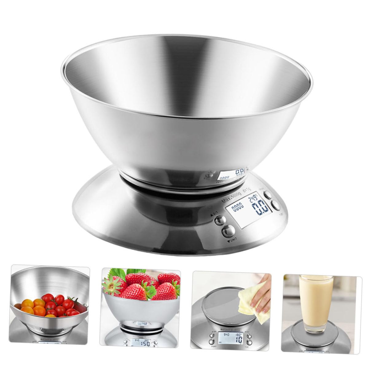 Uonlytech Stainless Steel Kitchen Food Scale with Digital Display and Removable Bowl, Electronic Weighing Tool with Clock Function for Home Cooking and Baking Random Color