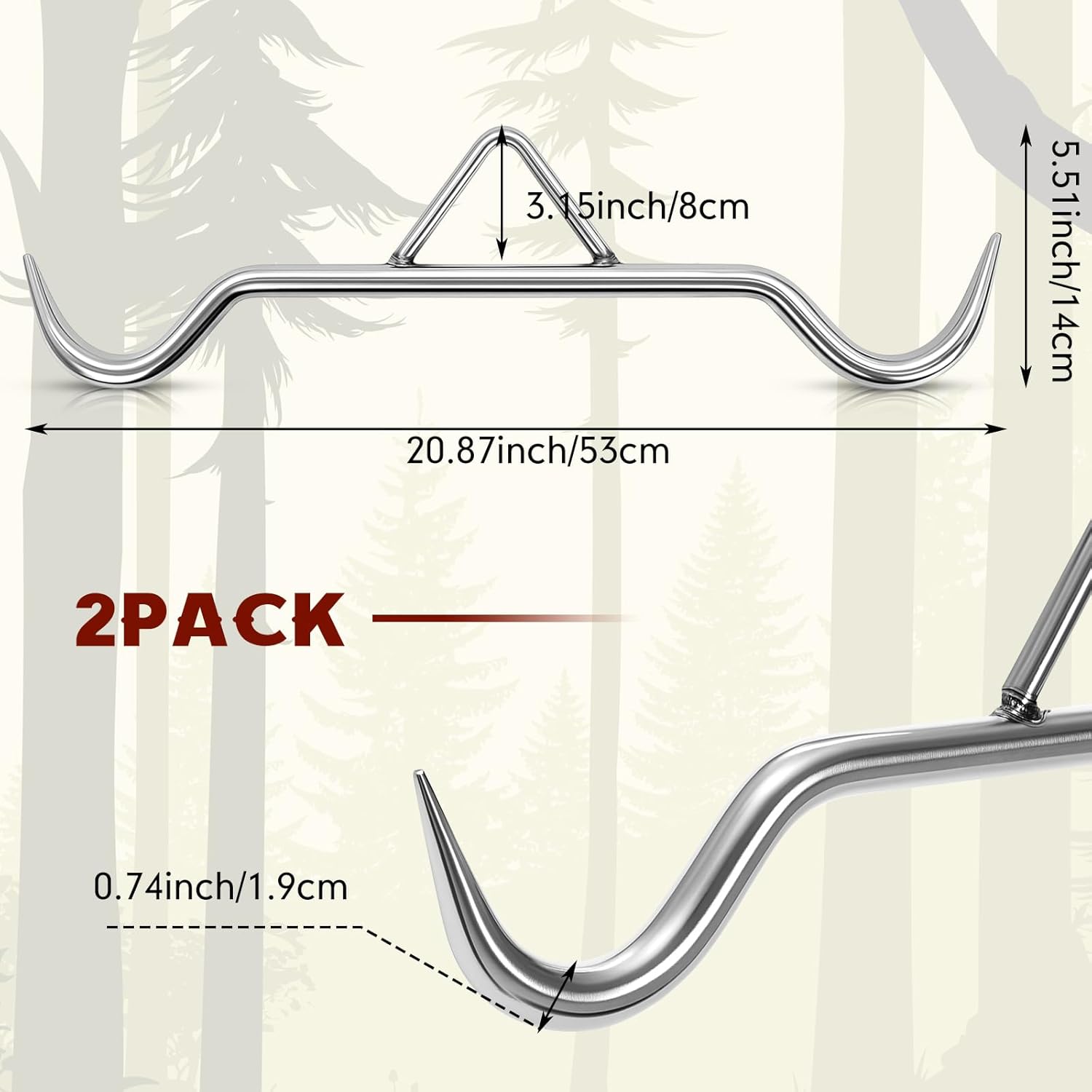 Zonon 2 Pcs Heavy Weight Gambrel 20.87 Inch Steel Bar with Hooks Supports up to 1200 Lbs Durable Game Hanging Hoist & Processing Tool for Deer, Elk and Large Game