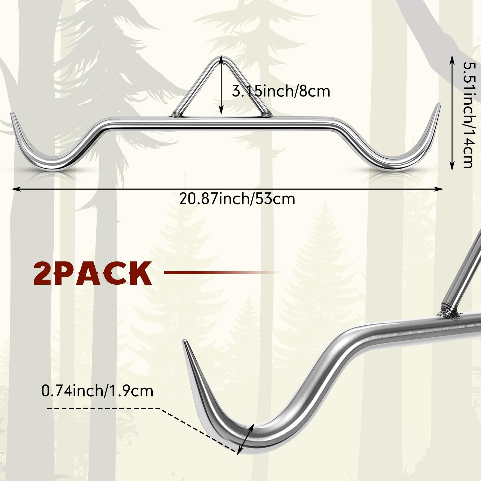 Zonon Gambrel - Barra in acciaio pesante da 50 cm, con ganci, supporta fino a 544,3 kg, resistente, strumento di lavorazione per cervi, alci e giochi di grandi dimensioni, 2 pezzi
