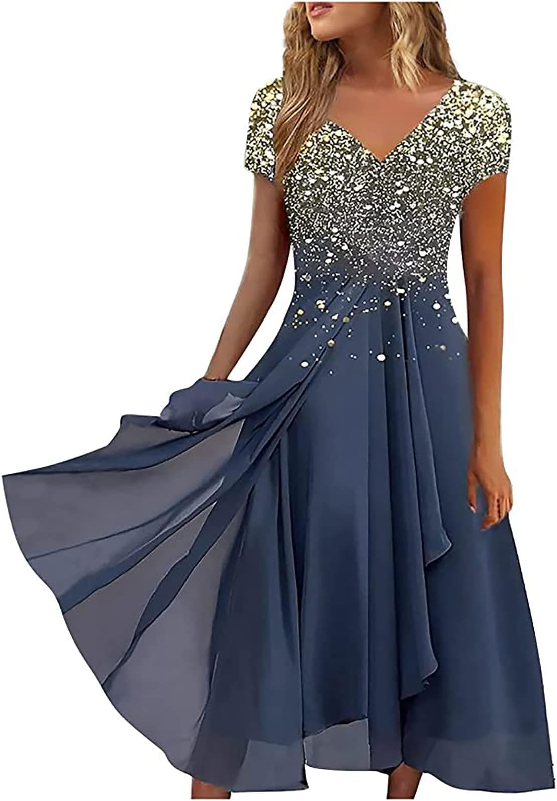 AMhomelyWomens Elegant Dress Sequin Short Sleeve V Neck Swing Dress A Line Flare Dress Skater Dress Summer Floral Printing Dress Pleated Flowy Dresses Mother of The Bride Dress Skater Dress