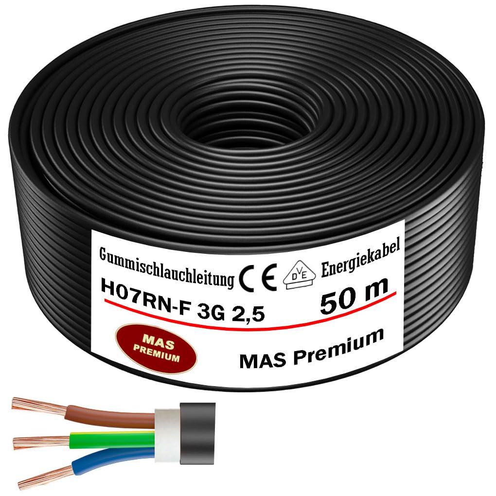 Cavo in gomma da 5 a 100 m, cavo di alimentazione per cantieri H07RN-F 3G2,5 mm², cavo flessibile con cavo di protezione per dispositivi pesanti (50 m)