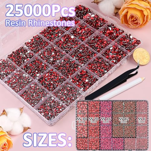 Image of 25000Pcs Resin Rhinestones for Crafting, Red 2-6mm Mixed Sizes Non Hotfix Flatback Gems with 1Pcs Glue, Bedazzling Crystal for DIY Craft Clothing Mugs Tumblers Shoes Fabric Decor Nail Art