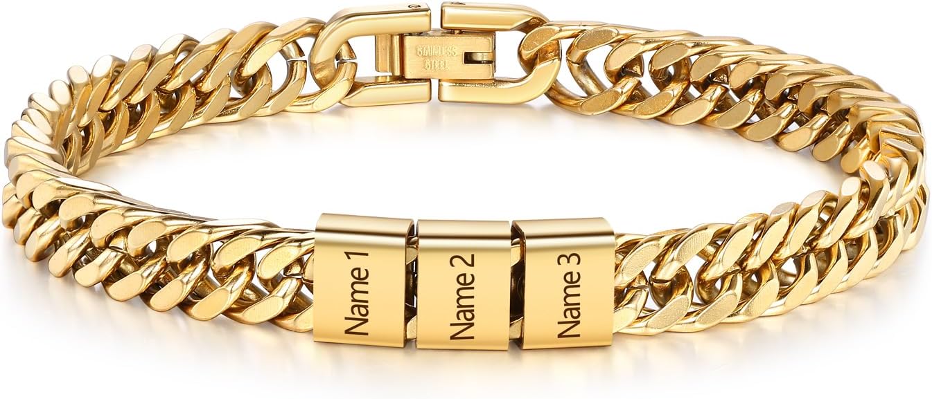 Personalized Mens Bracelet with 1-6 Names, Custom Stainless Steel Bracelets Father's Day Birthday Gifts for Him
